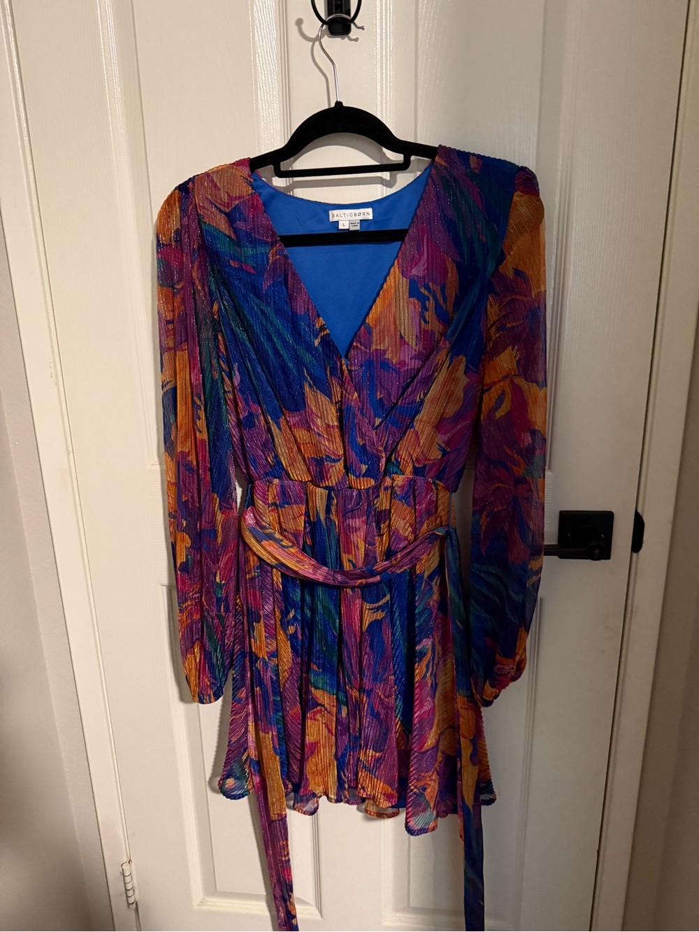 Baltic Born Rev Mini Dress Blue Multicolor Floral Long Sleeve Wrap Dress